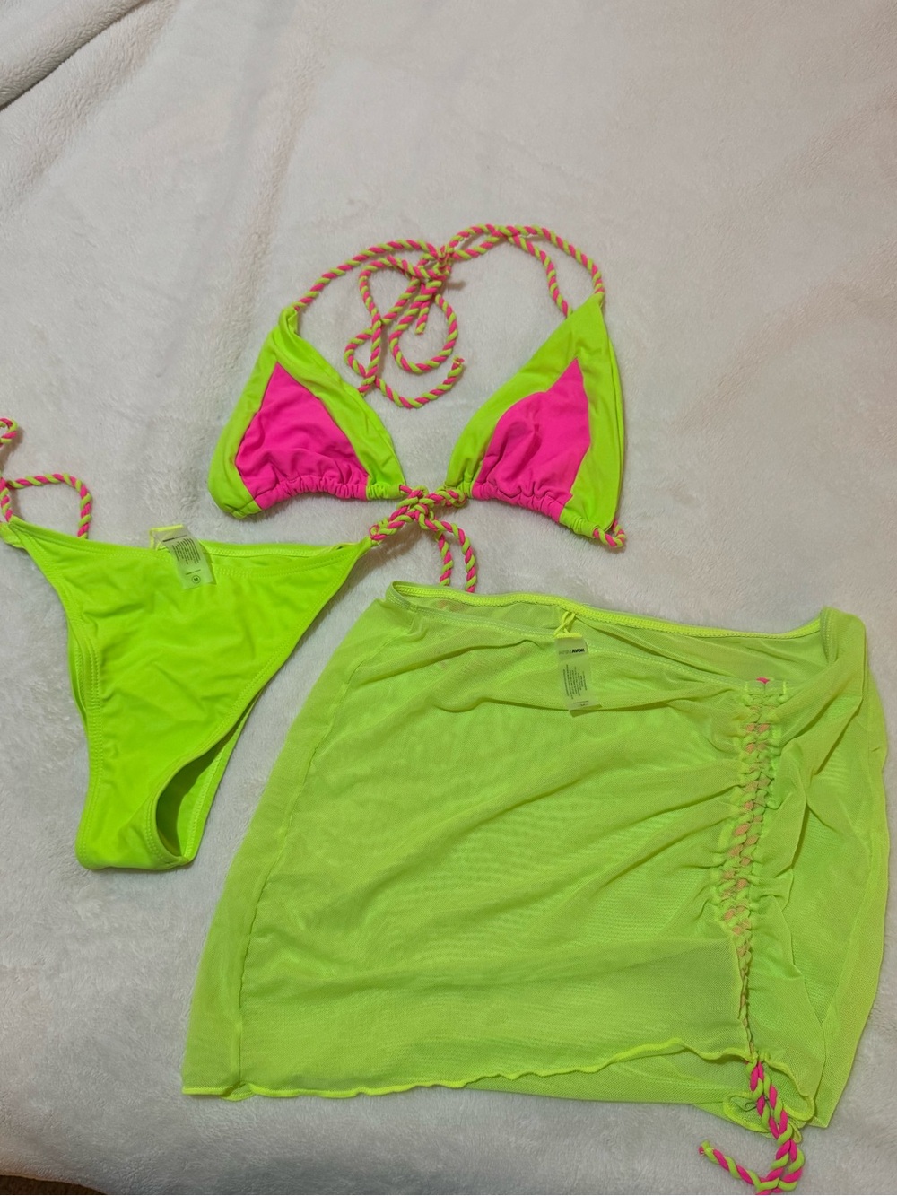 Fashion Nova Neon Green & Hot Pink Triangle Bikini Set with Mesh Cover-Up